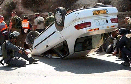 el coche del palestino tras el atropello Tres soldados sionistas heridos en un atropello en Cisjordania